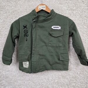 nununu Jacket Kids 3-4 Olive Green Sherpa Lined Control Freak Military Graphic